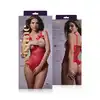 Christine - Mistique Red S/M. Niegrzeczne czerwone body z wetlook i prześwitującą siateczką, otwartym biustem i dziurką w kroczu