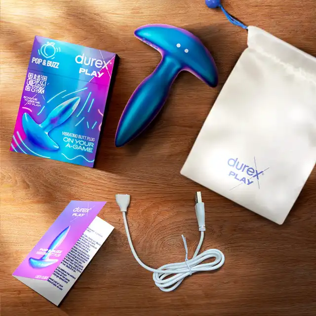 Durex Play - Pop &amp; Buzz. Silikonowy korek analny z wibracją, miękki i gładki materiał z opalizującym zakończeniem