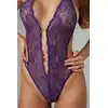 Christine - Renee Purple S/M. Uwodzicielskie fioletowe body, body z dziurką, wykonane z elastycznej koronki o kwiatowym wzorze