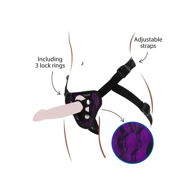 Get Real - Strap-On Lace Harness. Elegancka uprząż z miękką konstrukcją, regulowanymi paskami, trzema silikonowymi pierścieniami 
