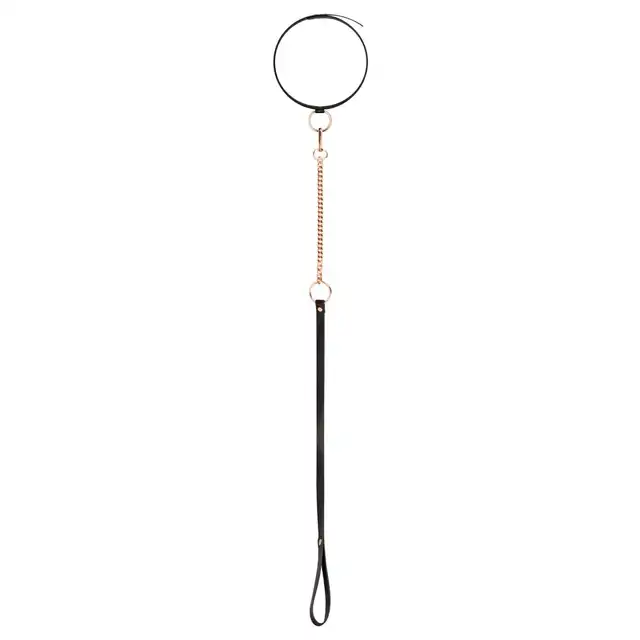 Rosy Gold - Collar with Leash. Elegancki kołnierzyk z odczepianą smyczą. Wszechstronny dodatek z ekologicznej skóry do zmysłowych zabaw