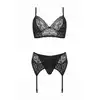 Christine - 3pc Sanne S/M. Czarny komplet damskiej bielizny z nadrukiem panterki w połączeniu z koronką