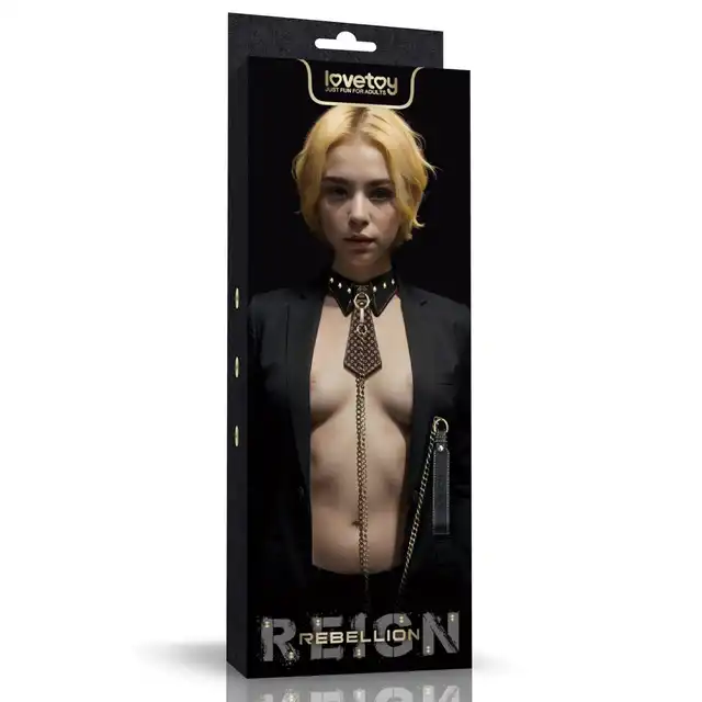 LoveToy - Rebellion Reign Collar. Obroża z kołnieżem z wysokiej jakości skóry PU, długi metalowy łańcuszek, łączy wygodę i wyrafinowany styl