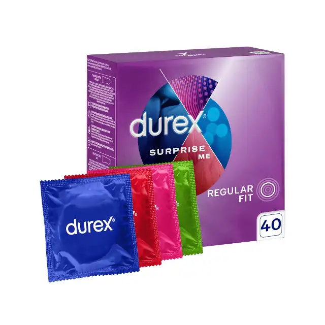 Durex - Surprise Me 40 szt. Wyjątkowy zestaw 40 prezerwatyw zamknięty w eleganckim opakowaniu, 4 różne rodzaje prezerwatyw