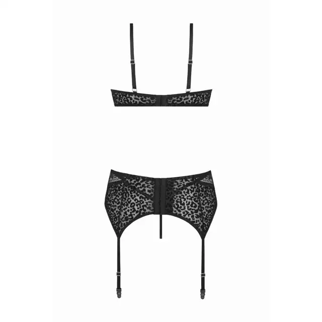 Christine - 3pc Sanne S/M. Czarny komplet damskiej bielizny z nadrukiem panterki w połączeniu z koronką