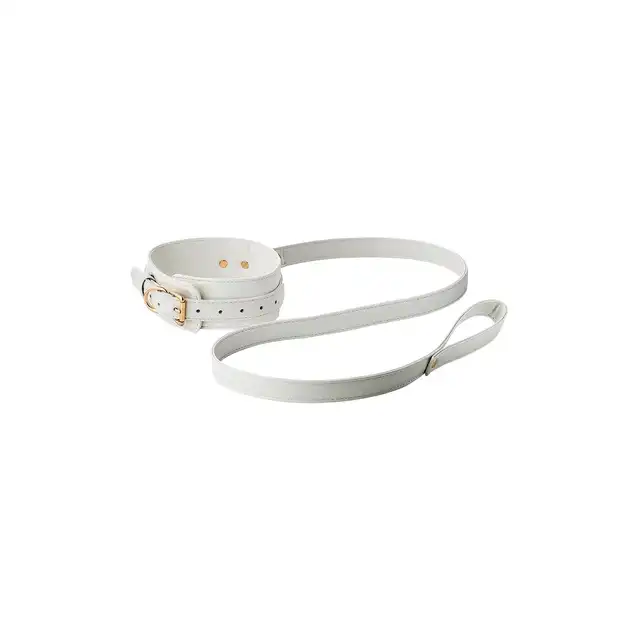 Blaze - Elite Collar And Lash White. Elegancki biały zestaw obroży i smyczy z regulowaną obrożą i złotymi detalami, idealny do stylowych zabaw BDSM