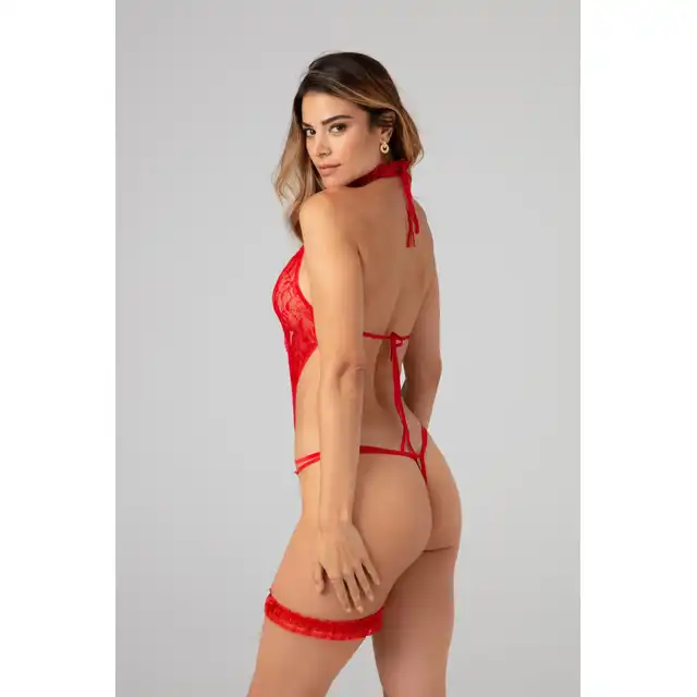 Christine - Renee Red S/M. Uwodzicielskie czerwone body z dziurką, wykonane z elastycznej koronki o kwiatowym wzorze