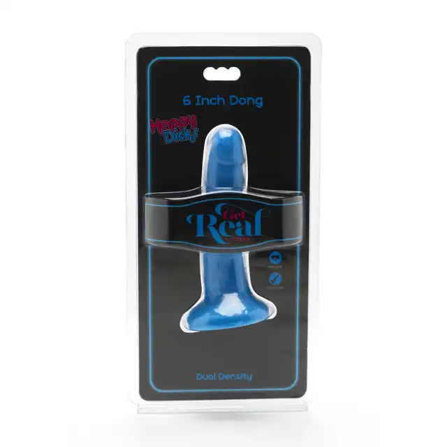 Get Real - Happy Dicks Dong 6'. Niebieskie realistyczne dildo z mocną przyssawką i miękkiego PVC, oferujące intensywne doznania