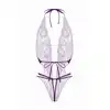 Christine - Renee Purple S/M. Uwodzicielskie fioletowe body, body z dziurką, wykonane z elastycznej koronki o kwiatowym wzorze