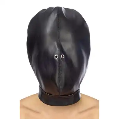 Fetish Tentation - BDSM Hood Mask. Czarna, wykonana ze sztucznej skóry wiązana maska BDSM. Doskonała dla uległego