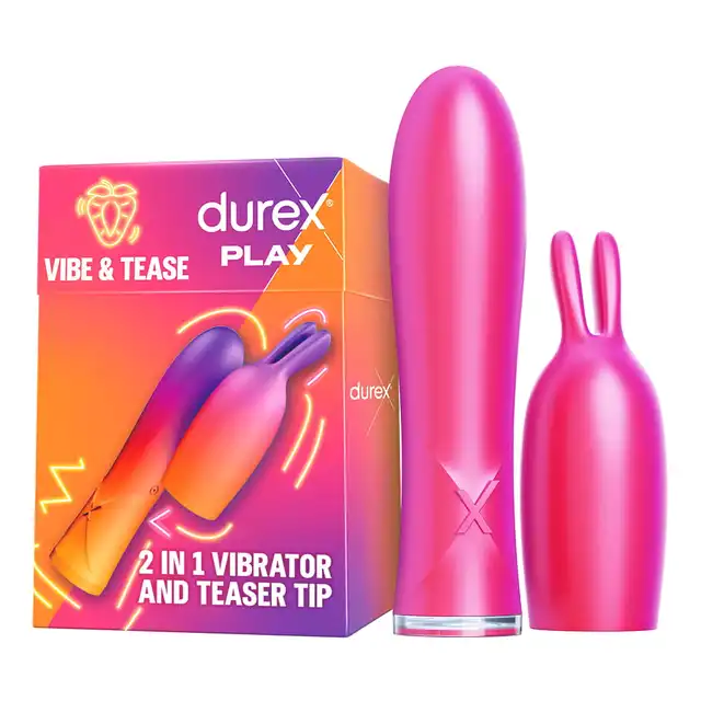 Durex Play - Vibe &amp; Tease. Wibrator z nakładką w kształcie uszu królika, intensywne i skoncentrowane wibracje dla pełnej satysfakcji