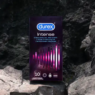 Durex - Intense 10szt. Prezerwatywy prążkowane o stymulującej powierzchni z żelem Desirex dla szerokiej gamy doznań