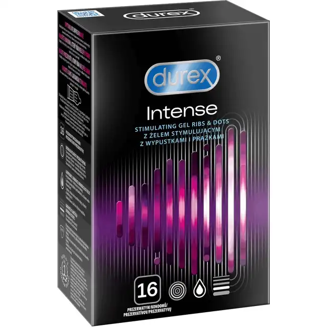 Durex - Intense 16szt. Duże opakowanie prezerwatyw prążkowanych z żelem Desirex dla szerokiej gamy doznań