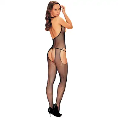 Anne D'Ales - Coquine M/L. Odważny, czarny siateczkowy bodystocking z otwartym biustem i krokiem