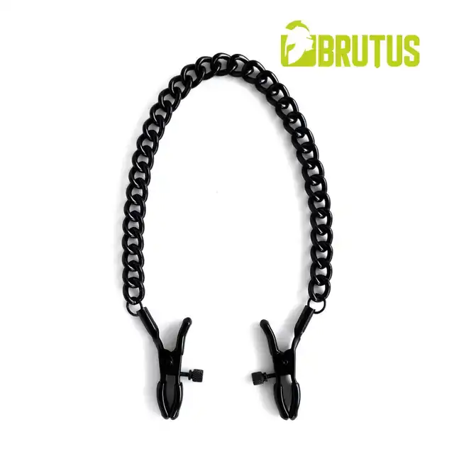 Brutus - Crocodile. Czarne zaciski na sutki z regulowanym naciskiem i wytrzymałym łańcuchem dla pasjonatów BDSM!