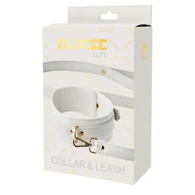 Blaze - Elite Collar And Lash White. Elegancki biały zestaw obroży i smyczy z regulowaną obrożą i złotymi detalami, idealny do stylowych zabaw BDSM