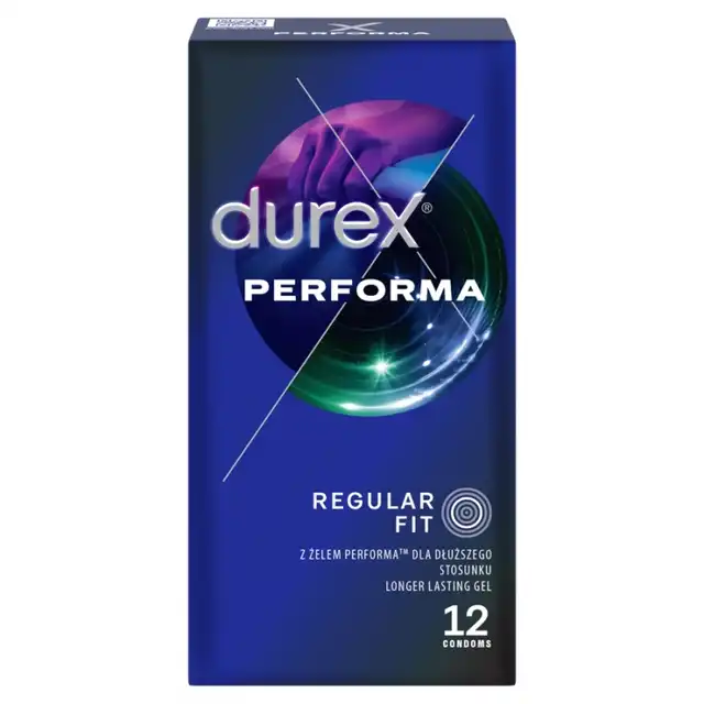 Durex - Performa 12 szt. Prezerwatywy przedłużające stosunek, naturalna guma lateksowa z wydłużoną przyjemnością ze zbliżenia