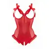 Christine - Mistique Red S/M. Niegrzeczne czerwone body z wetlook i prześwitującą siateczką, otwartym biustem i dziurką w kroczu