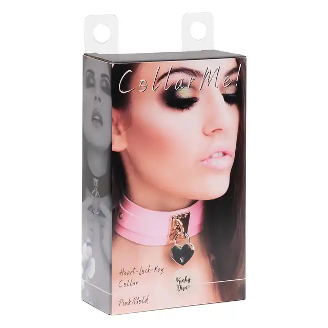 Kinky Diva - Heart Lock &amp; Key Collar Pink/Gold. Słodka różowa obroża ze złotymi elementami, symbol oddania z odrobiną elegancji