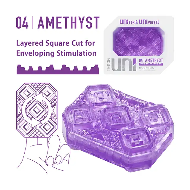 Tenga - Uni Amesthyst Sleeve. Stymulująca nakładka z wypustkami do łechtaczki i penisa, produkt unisex