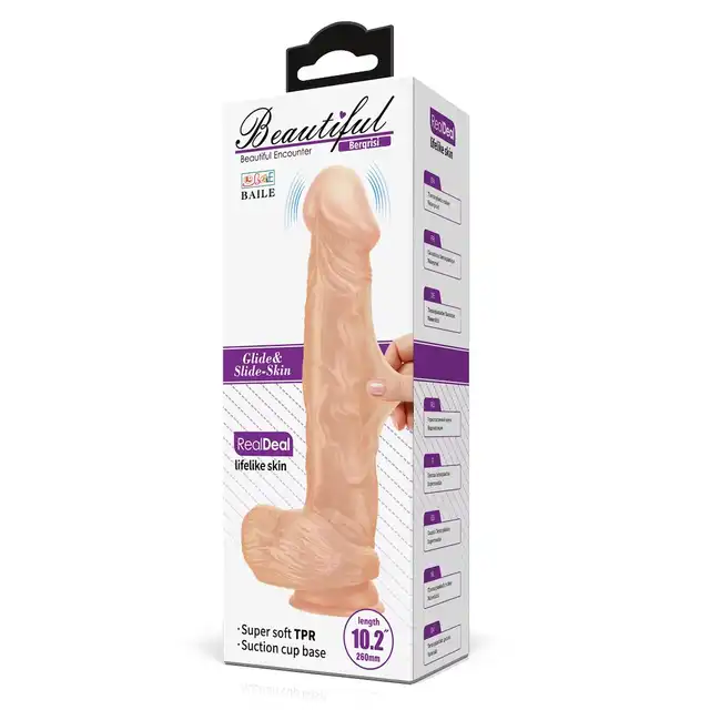 Baile - Beautiful Bergrisi Vibrator 10,2". Realistyczne, żylasty wibrator z jądrami i zarysowaną żołędzią. Podwójny, elastyczny materiał doskonale imituje ludzką skórę