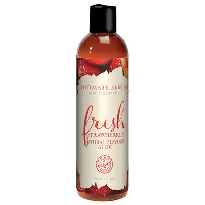 Intimate Earth - Natural Flavors Glide Fresh Strawberries 60 ml. Lubrykant na bazie wody o smaku świeżych truskawek. Bez sztucznych barwników. Bogactwo naturalności