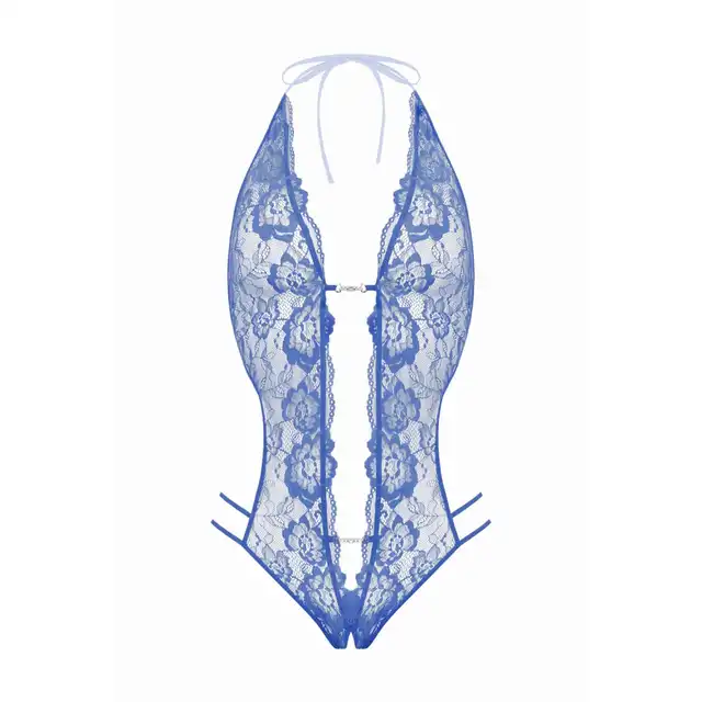 Christine - Renee Blue S/M. Uwodzicielskie body w olśniewającym błękicie, body z dziurką, wykonane z elastycznej koronki o kwiatowym wzorze