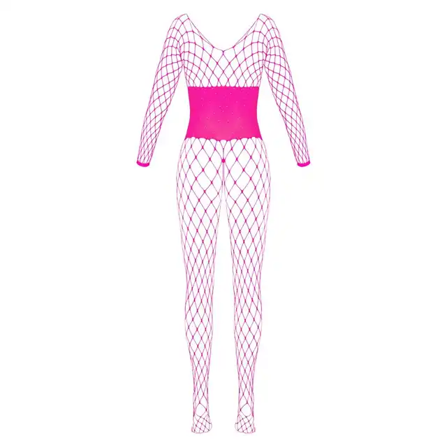 Cottelli - Crotchless Catsuit Pink Fantasy S-L. Kuszący różowy bodystocking z dużej siateczki, ozdobiony dżetami, idealny do zmysłowych stylizacji