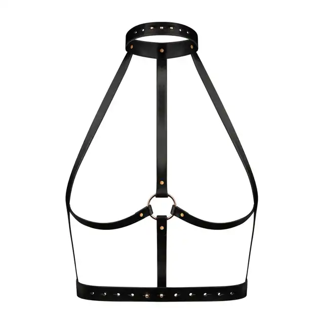 Rosy Gold - Body Harness Black. Stylowa uprząż z metalowym pierścieniem dla poczucia pewności siebie, seksowne pokreślenie biustu
