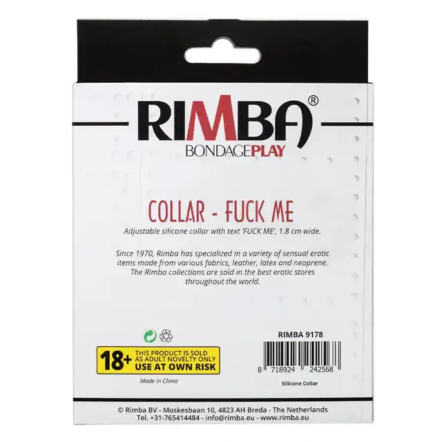 Rimba - Collar Fuck Me. Stylowa i odważna obroża z napisem „Fuck Me”, wykonana z wysokiej jakości silikonu, zapewniająca komfort i efektowny wygląd