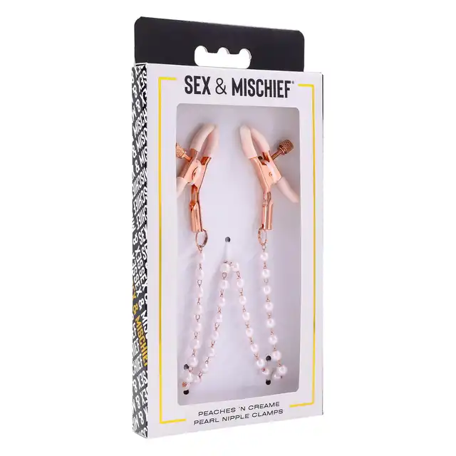 Sportsheets - Peaches'n Creme Pearl Nipple Clamps. Zaciski na sutki z pięknym łańcuszkiem dla zmysłowej przyjemności