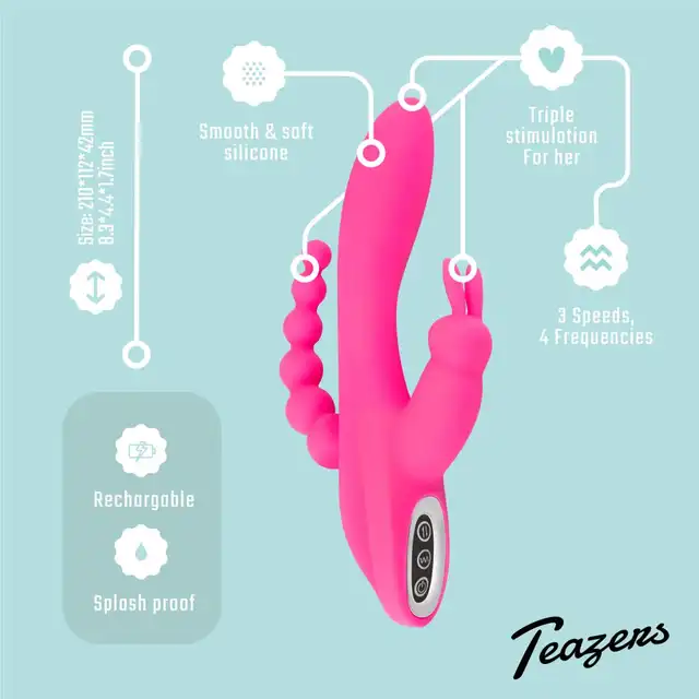 Teazers - Double Rabbit Vibrator. Podwójny wibrator królik: Intensywna stymulacja łechtaczki, punktu G i strefy analnej w jednym