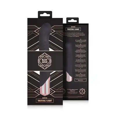 Rosy Gold - Rabbit Vibrator with thrusting function Black. Elegancki wibrator króliczek z funkcją intensywnych pchnięć dla dodatkowej stymulacji