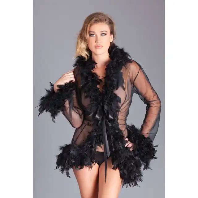 BeWicked - Lux Robe BLK/OS. Czarny krótki szyfonowy szlafrok z wykończeniem z piór, poczuj się jak femme fatale