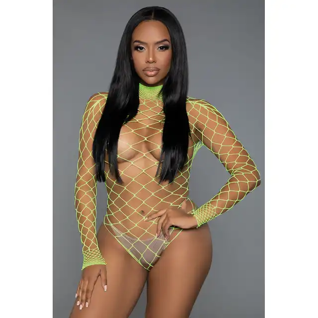 BeWicked - Dancing All Night Bodystocking NG/OS. Neonowo zielone, kuszące body w formie bodybostocking z kabaretki, szerokie oczka i rozmiar one size