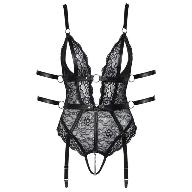 Cottelli Collection - Crotchless Bondage Body L. Zmysłowe body z odpinanymi paskami i kajdankami, idealne do zabaw bondage