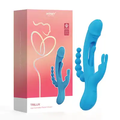 HoneyPlayBox - Trilux Kinky Finger Rabbit Vibrator with Anal Beads Blue. Silny, potrójny, wodoodporny wibrator sterowany aplikacją!
