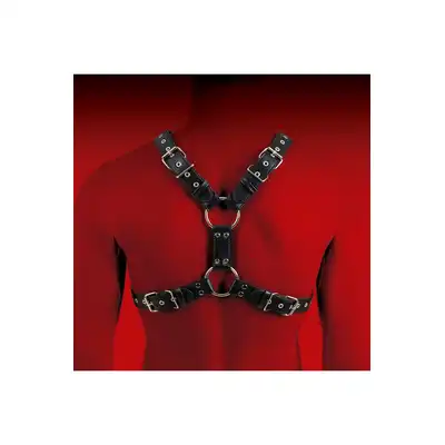 Virgite - Men Body Harness Mod. 5. Harness z ekologicznej skóry wyposażony w dwa pierścienie połączone skórzanym paskiem prosto z Hiszpanii