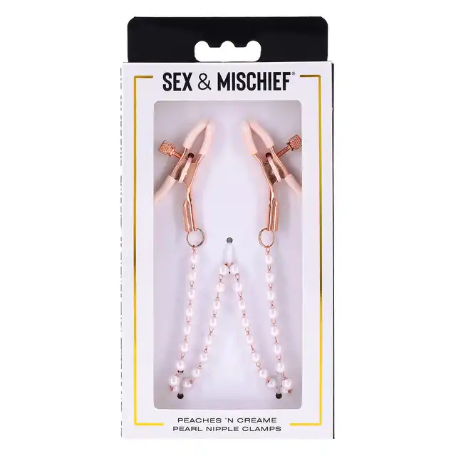 Sportsheets - Peaches'n Creme Pearl Nipple Clamps. Zaciski na sutki z pięknym łańcuszkiem dla zmysłowej przyjemności