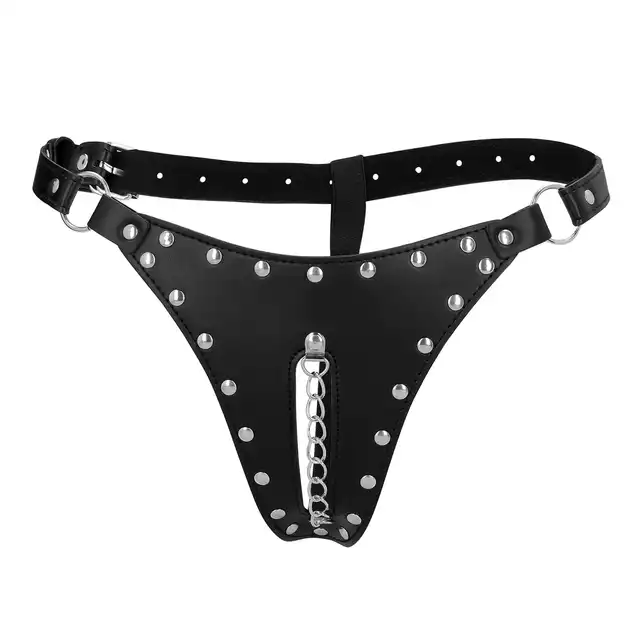 Ouch! - Leather Chastity Thong with Chain Detail. Skórzane stringi BDSM z metalowym łańcuszkiem.