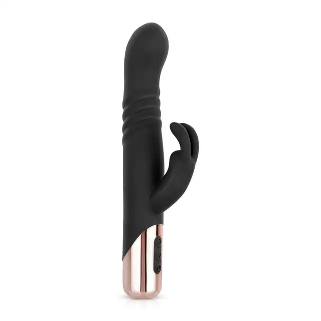 Rosy Gold - Rabbit Vibrator with thrusting function Black. Elegancki wibrator króliczek z funkcją intensywnych pchnięć dla dodatkowej stymulacji