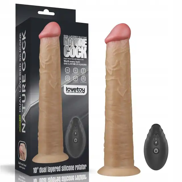 LoveToy - Nature Cock 10 Inch Dual Layered. Dwuwarstwowy, realistyczny wibrator z 10 trybami wibracji i obrotów