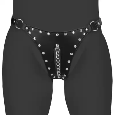 Ouch! - Leather Chastity Thong with Chain Detail. Skórzane stringi BDSM z metalowym łańcuszkiem.