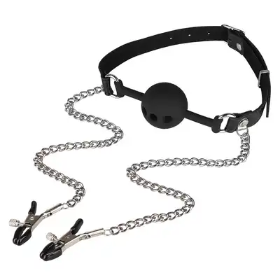 Erospace - Wild Play Mouth Gag with Nipple Clamps. Knebel z zaciskami na sutki – intensywna kontrola i podwójna rozkosz
