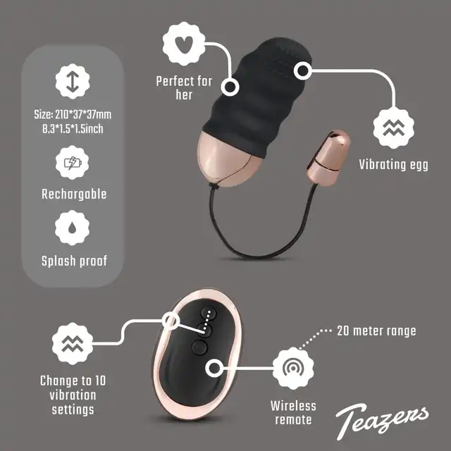 Teazers - Ribbed Vibrating Egg With Remote Control. Żebrowane wibrujące jajeczko z pilotem, pełna kontrola i komfort