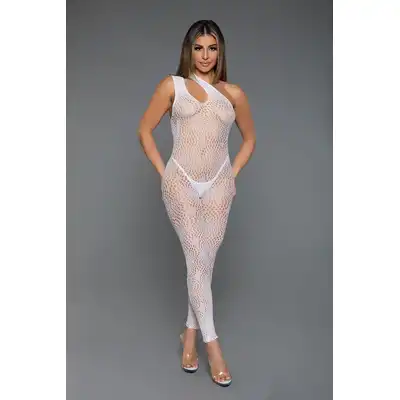 BeWicked - All Your Desires Bodystocking WH/OS. Uwodzicielski śnieżno biały bodystocking z okrągłym wzorem i asymetrycznymi wycięciam