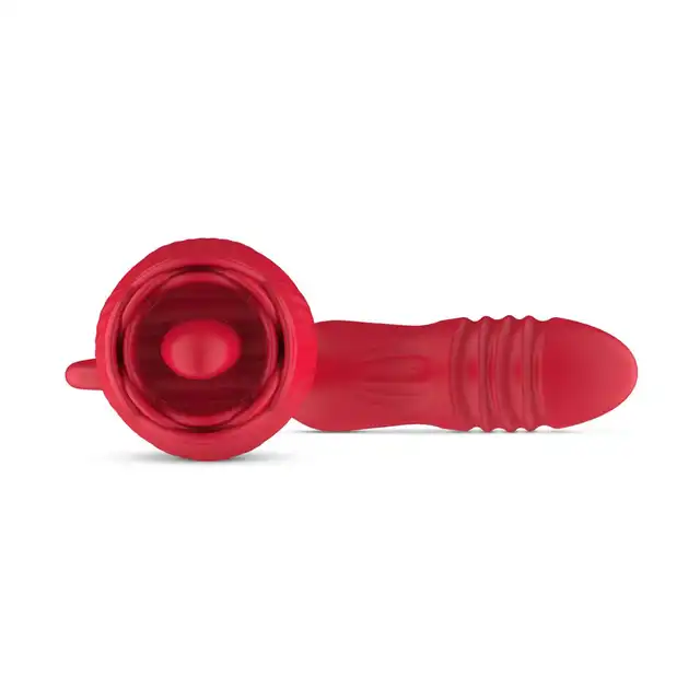 Teazers - Rose Vibrator with Thrusting Dildo. Zabawka, która łączy w sobie trzy rodzaje stymulacji: wibracje, pchnięcia oraz lizanie językiem, pełne spektrum przyjemności