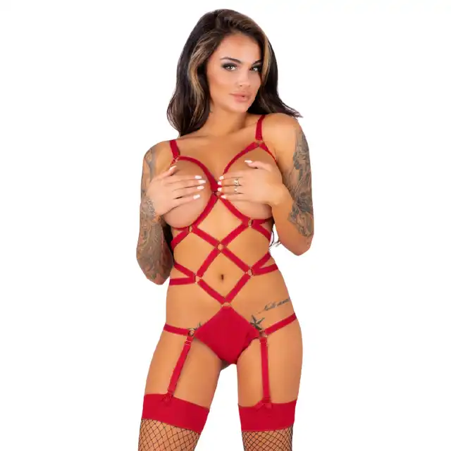 Livia Corsetti - Thiara Red. Zmysłowe body z pończochami, które rozpala wyobraźnię w rozmiarze L/XL