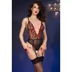 Chilirose - CR4722 Embroidery Body M Red/Black. Zmysłowe body z otwartym krokiem, lekka koronka połączona z czerwonymi kwiatami