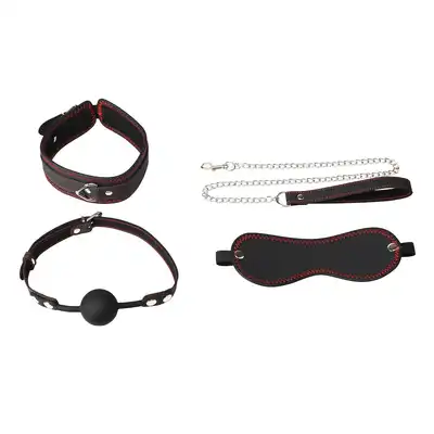 Erospace - Wild Play BDSM 4pcs Set. Zestaw BDSM z kneblem, obrożą, smyczą i opaską na oczy, kontrola, komfort i zmysłowe uniesienie